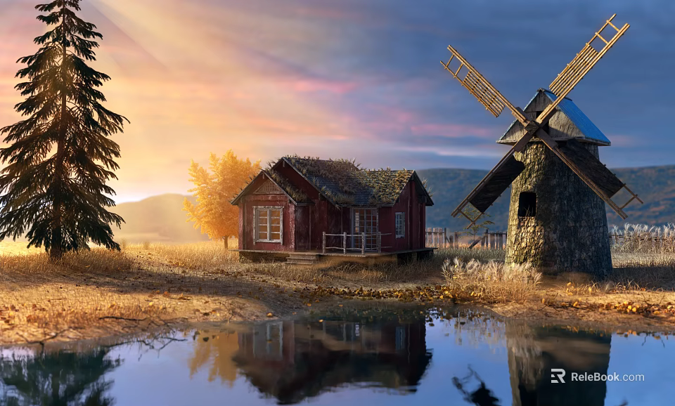 Scenic Countryside Landscape With Red Cabin Old Windmill And Lake Reflections At Sunset 3d model 