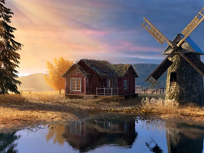 Scenic Countryside Landscape With Red Cabin Old Windmill And Lake Reflections At Sunset 3d model