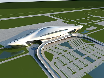 Modern Sleek Architectural Design With White Curved Roof Green Lawns And Parking Area 3d model