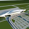 Modern Sleek Architectural Design With White Curved Roof Green Lawns And Parking Area