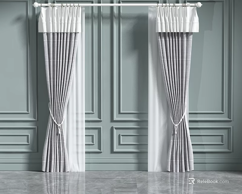 Gray And White Checkered Curtains With White Valance Tied In Middle Against Decorative Paneled Walls 3d model 