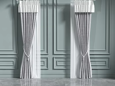 Gray And White Checkered Curtains With White Valance Tied In Middle Against Decorative Paneled Walls 3d model