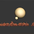 Cartoon Scene With Large Yellow Sphere Smaller Sphere Red Rocky Landscape And Small Cartoon Elements