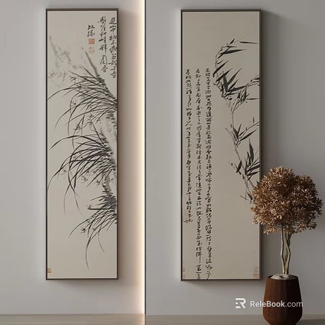 Traditional Chinese Scroll Paintings With Orchid Bamboo Calligraphy And Wall Decor 3d model 