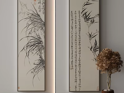 Traditional Chinese Scroll Paintings With Orchid Bamboo Calligraphy And Wall Decor 3d model