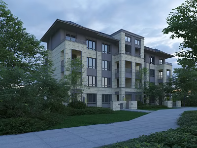 Modern Mid Rise Residential Building With Balconies Large Windows Greenery Trees And Lawn Pathway 3d model