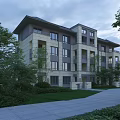 Modern Mid Rise Residential Building With Balconies Large Windows Greenery Trees And Lawn Pathway