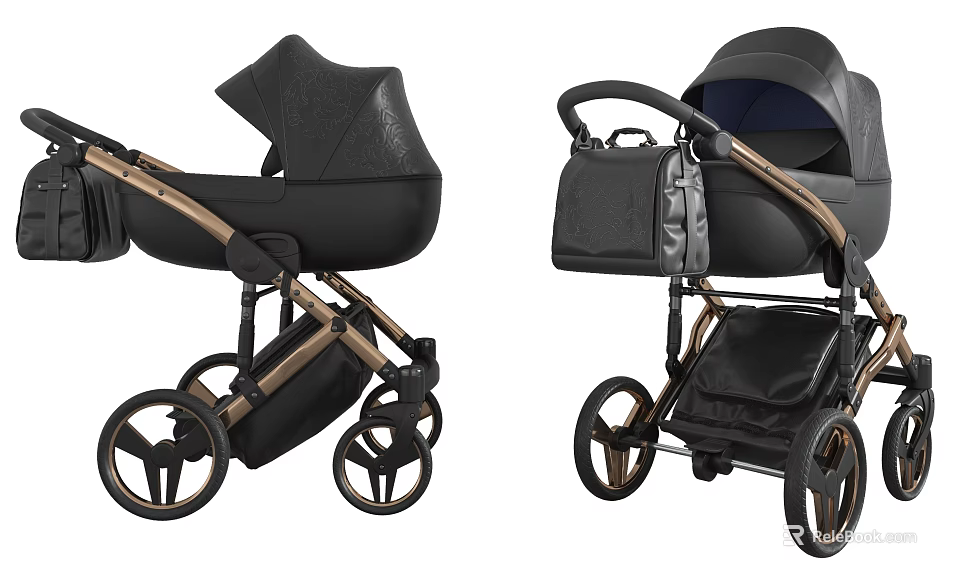 Modern Black And Gold Baby Strollers With Canopy Storage Bag And Wheels 3d model 