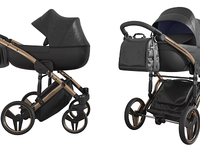 Modern Black And Gold Baby Strollers With Canopy Storage Bag And Wheels 3d model