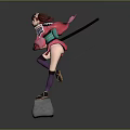 3D Anime Character With Pink Hair Green Top Purple Outfit And Pink Sash On Rock