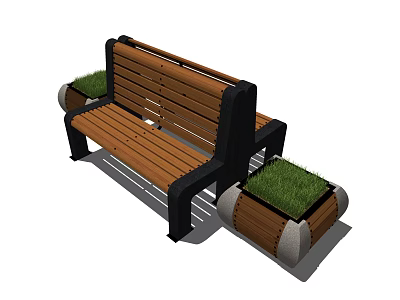 Outdoor Bench With Wooden Seat Black Frame And Side Planters With Green Grass 3d model