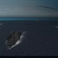 Warship Launching Missile At Sea With Aircraft Carrier And Small Vessel