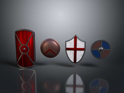 Medieval Shield Collection With Red Wooden Metal Strips Brown Circular White Red Cross Blue Silver Patterns 3d model