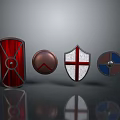 Medieval Shield Collection With Red Wooden Metal Strips Brown Circular White Red Cross Blue Silver Patterns