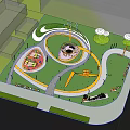 Scenic Park Landscape With Circular Yellow Paths Green Lawn Trees And Flower Beds