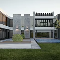 Modern Detached Villa with Outdoor Terrace Swimming Pool White Sofas Wooden Deck and Palm Trees