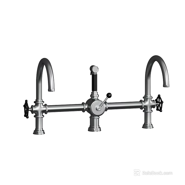 Double Handle Metal Faucet With Dual Spouts And Central Control Knob 3d model 