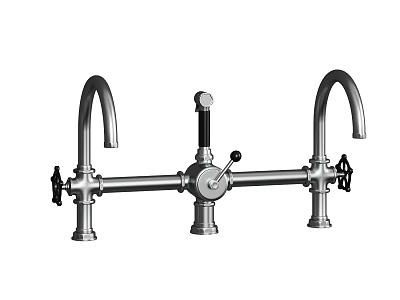 Double Handle Metal Faucet With Dual Spouts And Central Control Knob 3d model