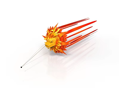 Vibrant Yellow Red Paper Sculpture Featuring Radial Design Long Slender Strips And Black Pole 3d model