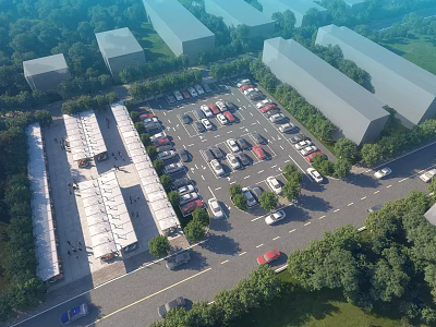 Urban Road Facilities With Parking Lot Vehicles Green Landscaping And Buildings 3d model