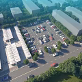 Urban Road Facilities With Parking Lot Vehicles Green Landscaping And Buildings