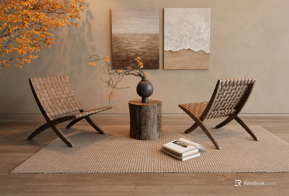 Woven Leisure Chairs With Tree Stump Table And Rug Near Paintings And Plant 3d model 