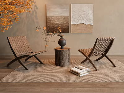 Woven Leisure Chairs With Tree Stump Table And Rug Near Paintings And Plant 3d model