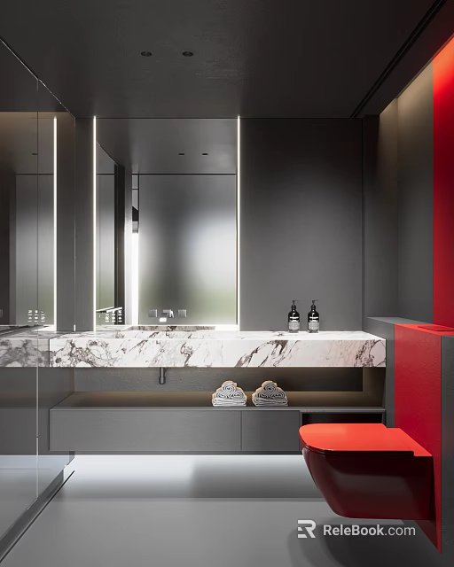 Modern Bathroom With Marble Countertop Mirrors And Red Accents 3d model 