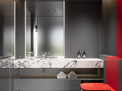Modern Bathroom With Marble Countertop Mirrors And Red Accents 3d model
