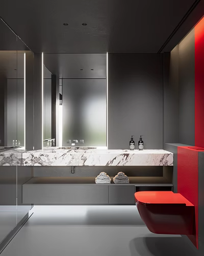 Modern Bathroom With Marble Countertop Mirrors And Red Accents 3d model