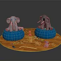 Two Elephant Dolls On Blue Bean Bags With Colorful Blocks Small Toys And Orange Carpet