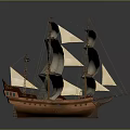 Detailed Wooden Sailboat Model With White Sails And Brown Hull On Gray Background