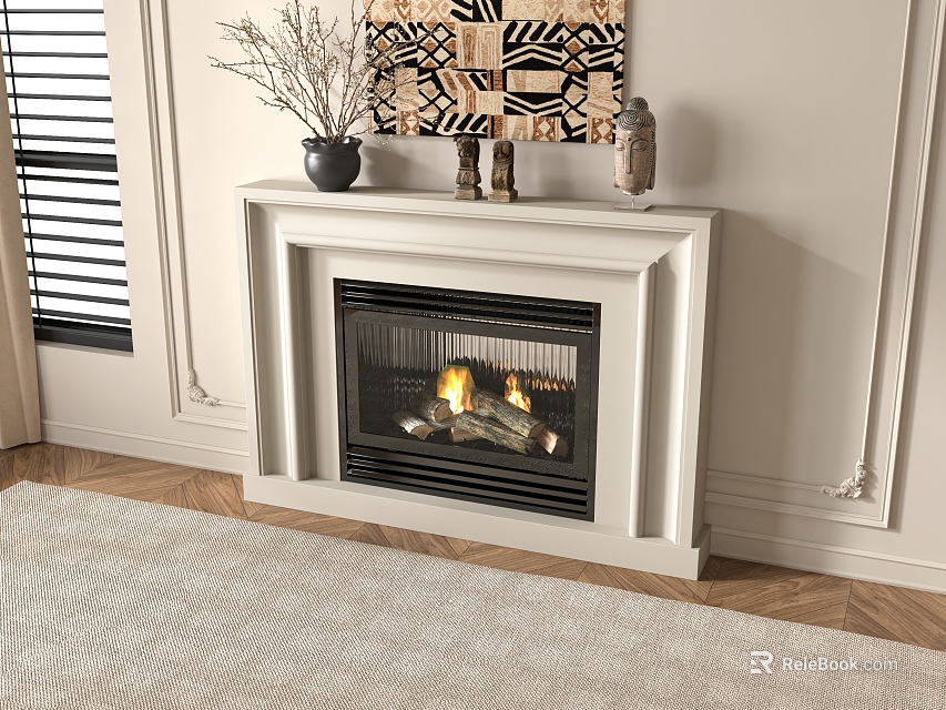 White Fireplace with Burning Flames Logs Decorative Vase Tapestry on Mantel Wooden Floor and Rug 3d model 