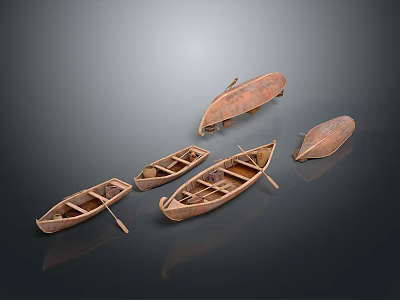 Several Handcrafted Wooden Boat Models With Different Sizes And Shapes On Dark Background 3d model