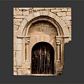 Ancient Architecture Featuring Stone Archway With Decorative Columns And Wooden Door