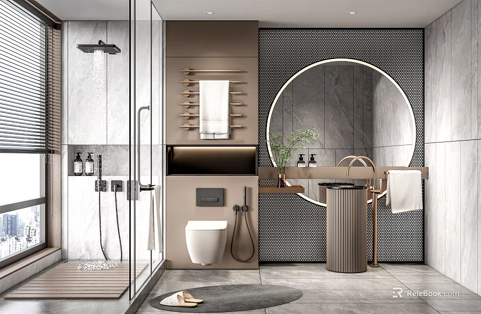 Modern Bathroom Interior Design Featuring Round Mirror Wall Mounted Shelves Shower Enclosure And Green Plant 3d model 