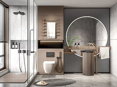Modern Bathroom Interior Design Featuring Round Mirror Wall Mounted Shelves Shower Enclosure And Green Plant 3d model