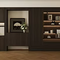 Elegant Modern Dark Wood Built-in Bookcase With LED Lighting And Decorative Books