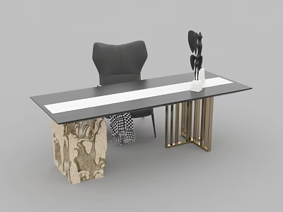 Modern Desk and Black Leather Chair Set with Marble Top and Gold Metal Legs 3d model