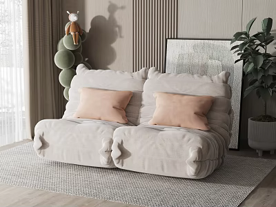 Beige Bean Bag Sofa with Two Pink Cushions in Living Room on Rug with Plant 3d model