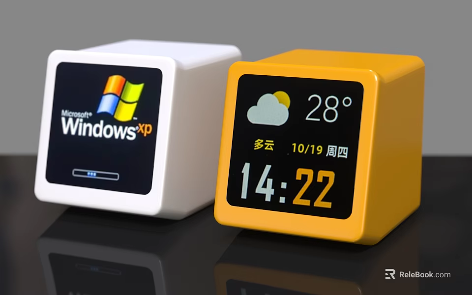 Yellow Cube Shaped Digital Clock With Time Temperature Cloudy Weather And Date 3d model 