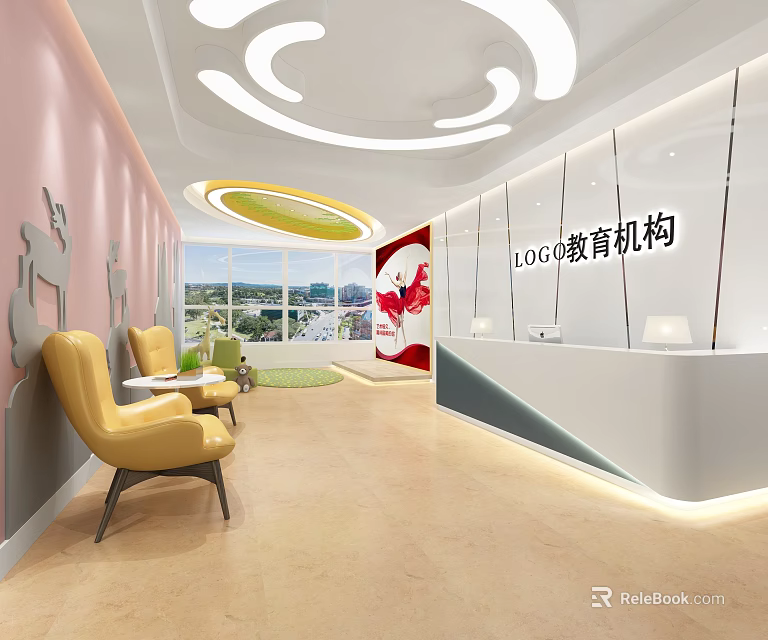 Modern Kindergarten Interior With Pink Walls Yellow Chairs Large Windows Cartoon Decorations And Reception Desk 3d model 