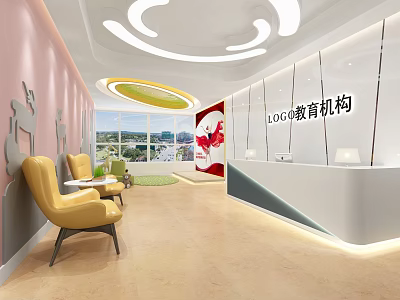 Modern Kindergarten Interior With Pink Walls Yellow Chairs Large Windows Cartoon Decorations And Reception Desk 3d model