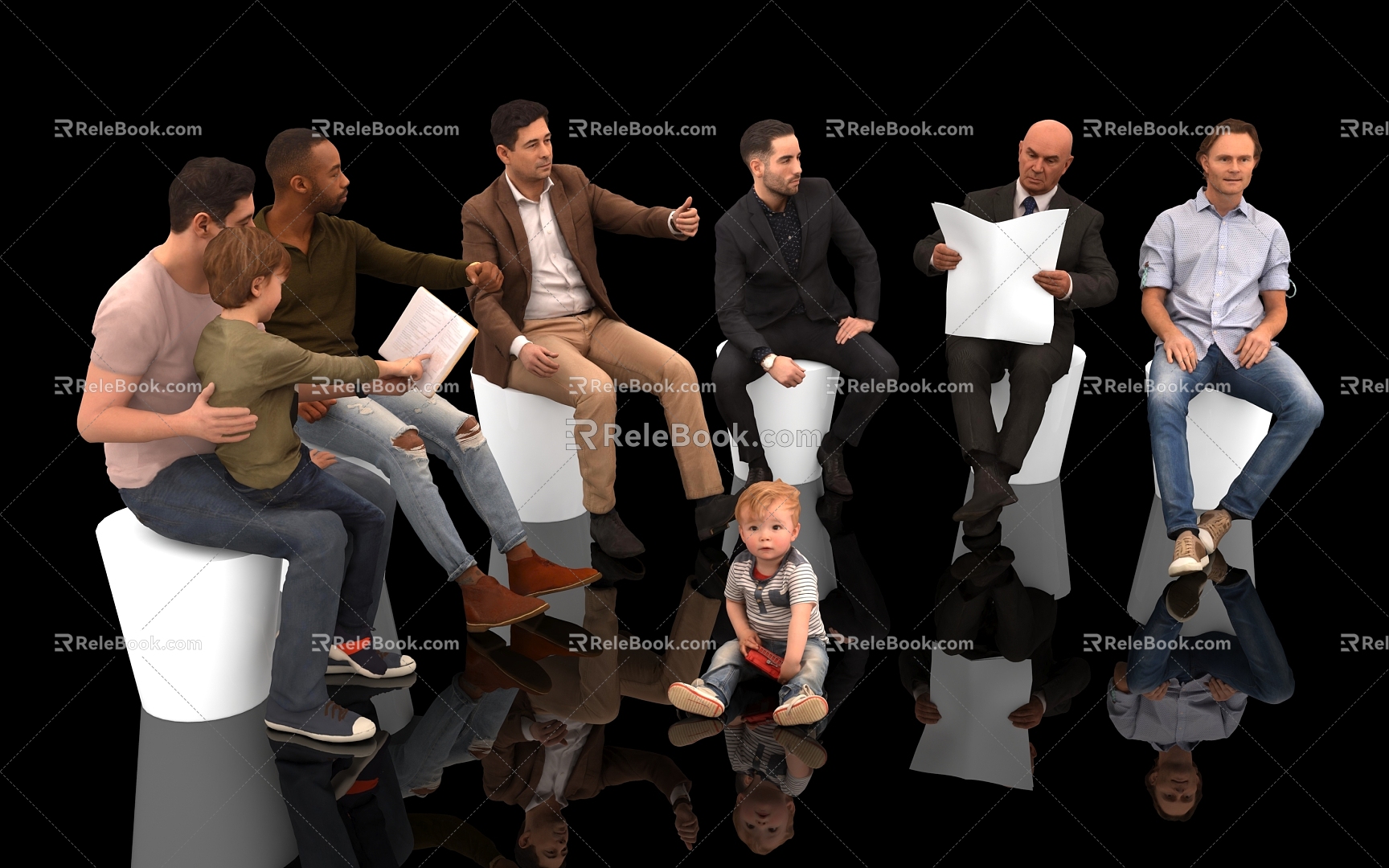 Men's Character Crowd Sitting Posture Chat Rest Area Yellow People White People Black People Decorative Props Scene Game Beautiful Chen Atmosphere People 3d model