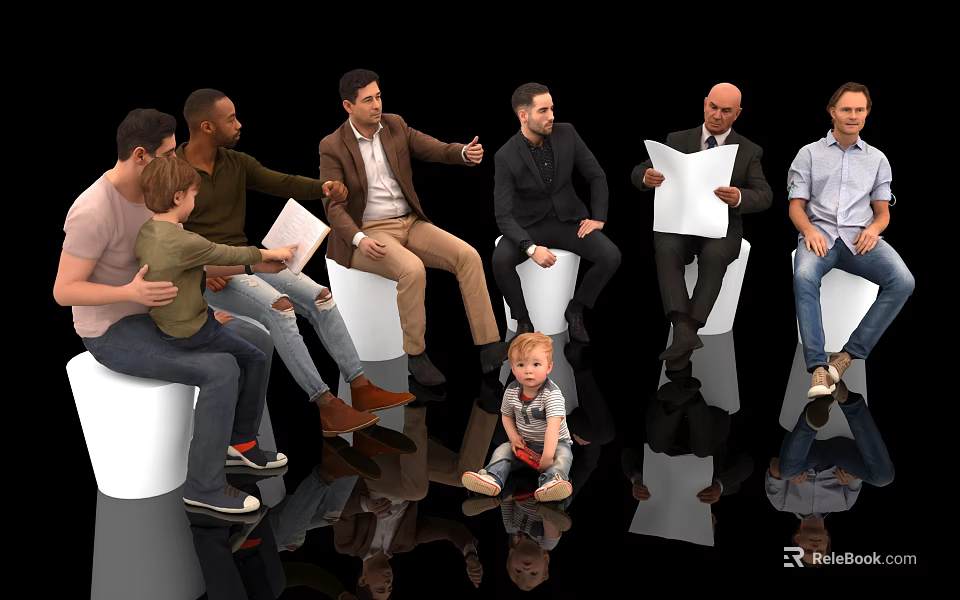 Adults and Children Sitting on White Chairs Holding Papers in Black Background With Reflective Floor 3d model 