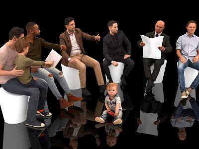 Adults and Children Sitting on White Chairs Holding Papers in Black Background With Reflective Floor 3d model