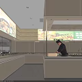 Restaurant Kitchen Interior With Service Counter Staff And Digital Menu Screen