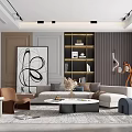 Modern Living Room Interior Design With Sofa Coffee Table Rug Abstract Artwork And Display Shelf