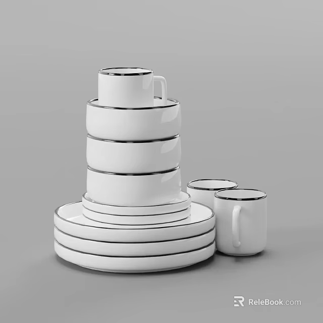 Modern White Dinnerware Set With Black Rim Stacked Cups And Plates 3d model