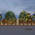 Decorative Lights Hanging Above Outdoor Trees And Brick Walls In Warm Evening